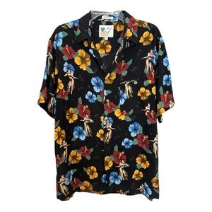 Ron Chereskin Hawaiian Hula Girls black floral button up shirt size Large